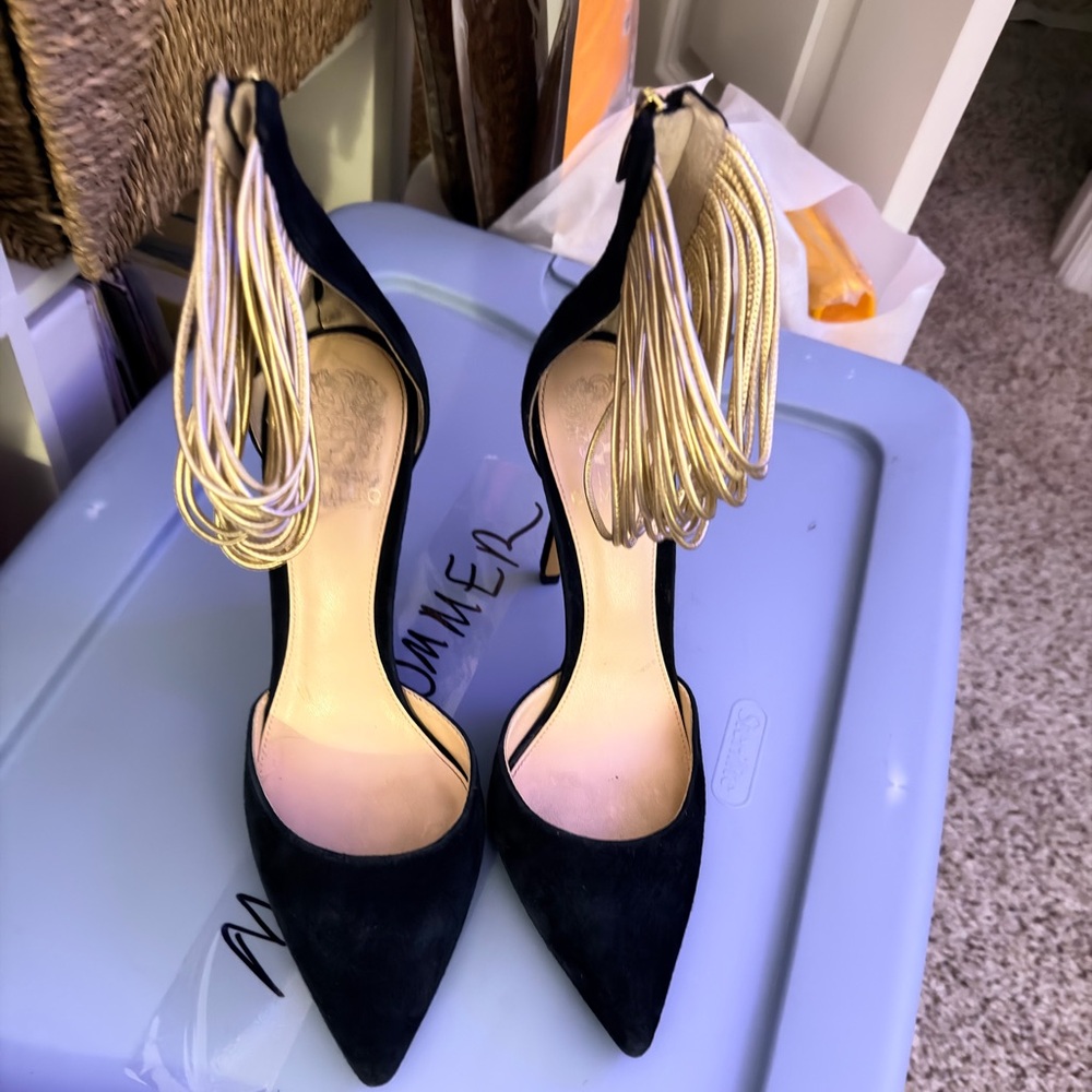 Vince Camuto Black suede and Gold leather Heels